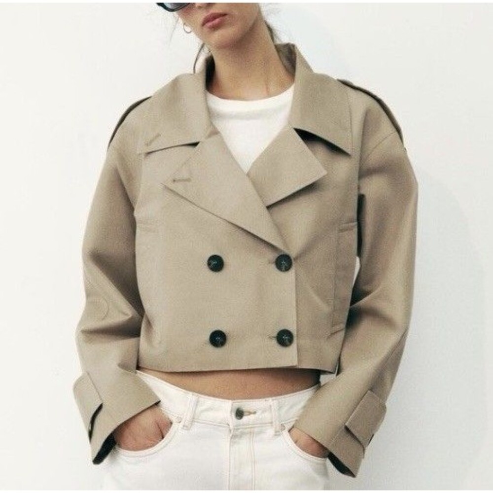 ZARA Cropped Double Breasted Trench Coat US Small Beige